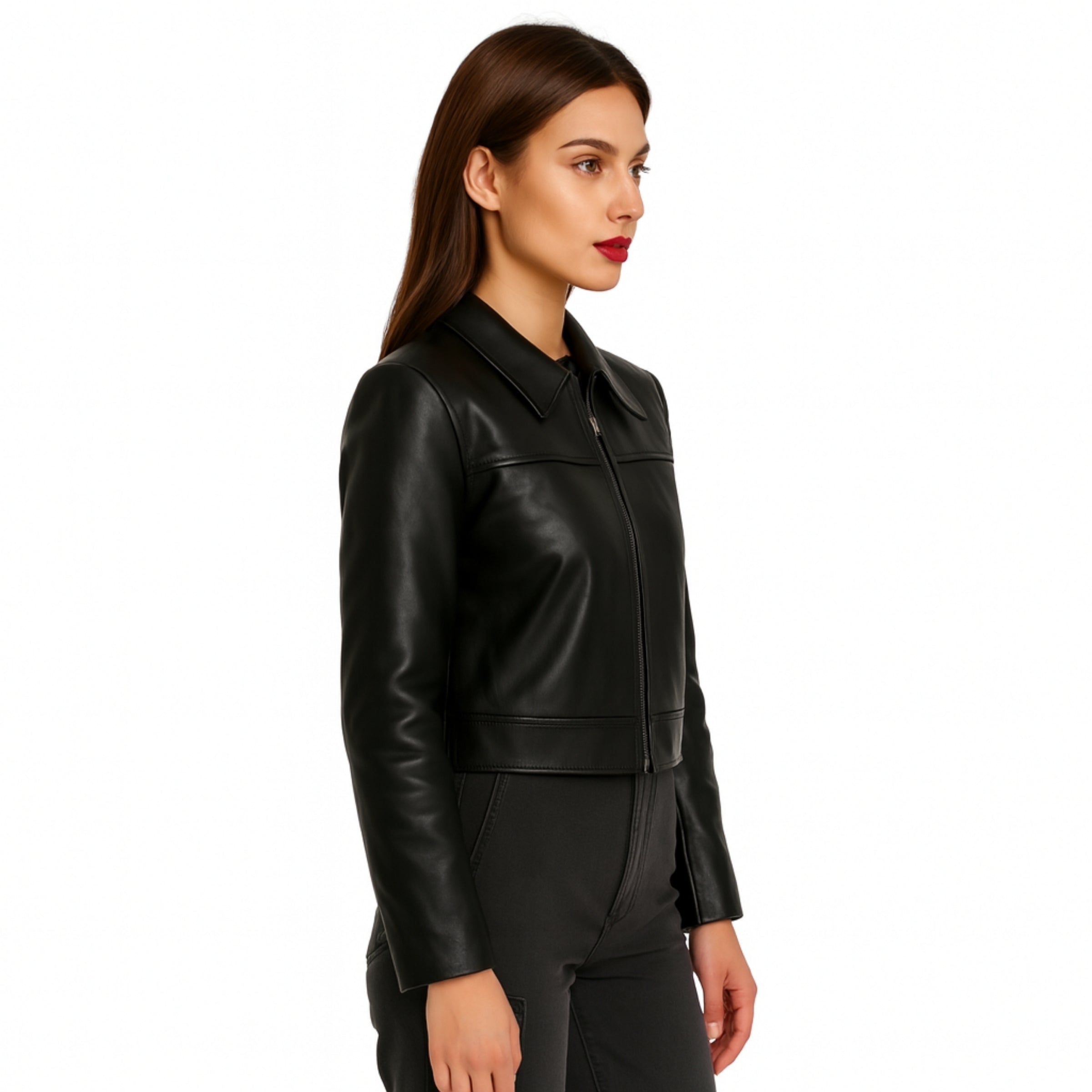 Womens Norvia Black Bomber Style Leather Jacket
