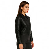 Womens Norvia Black Bomber Style Leather Jacket