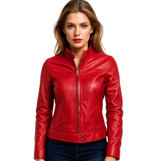 Womens Real Leather Red Cafe Racer Jacket