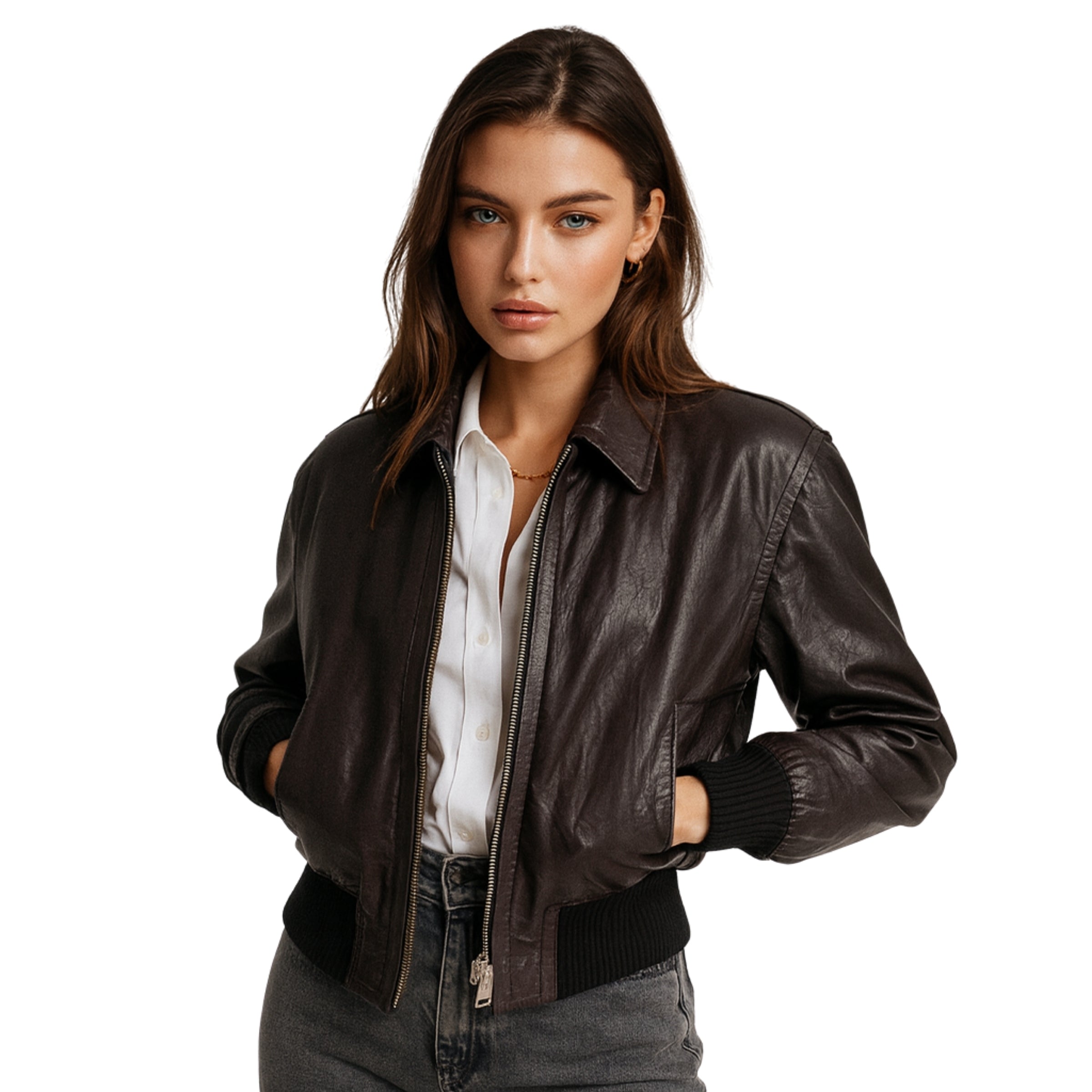 Womens Stylish Black Leather Bomber Jacket