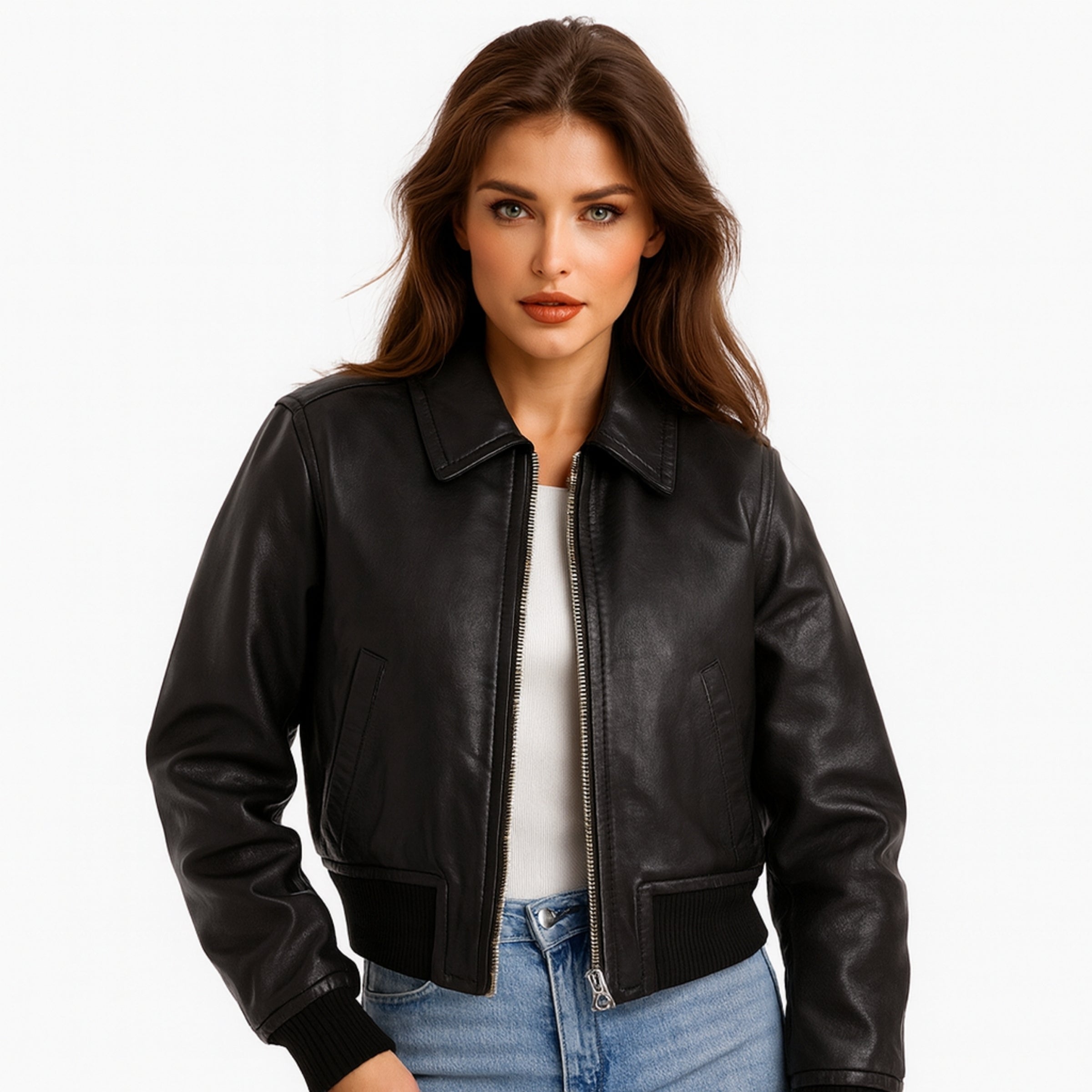 Womens Washed Black Bomber Style Leather Jacket