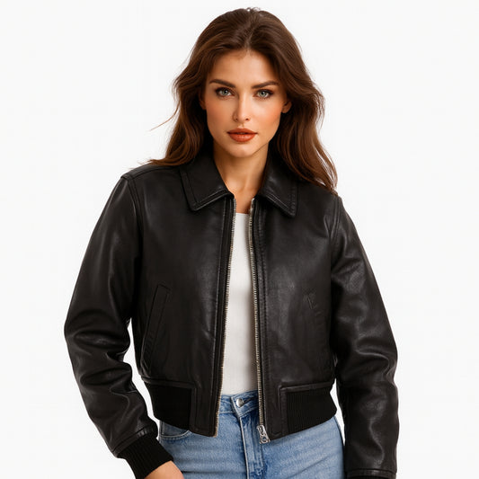 Womens Washed Black Bomber Style Leather Jacket