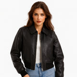 Womens Washed Black Bomber Style Leather Jacket