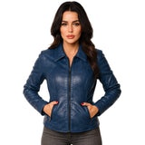 Womens Zelvia Blue Classic Genuine Leather Jacket