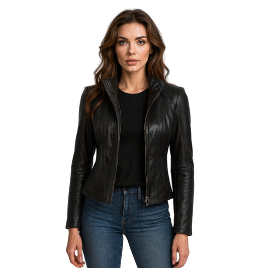 Zavrel Womens Black Genuine Cafe Racer Leather Jacket