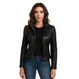 Zavrel Womens Black Genuine Cafe Racer Leather Jacket