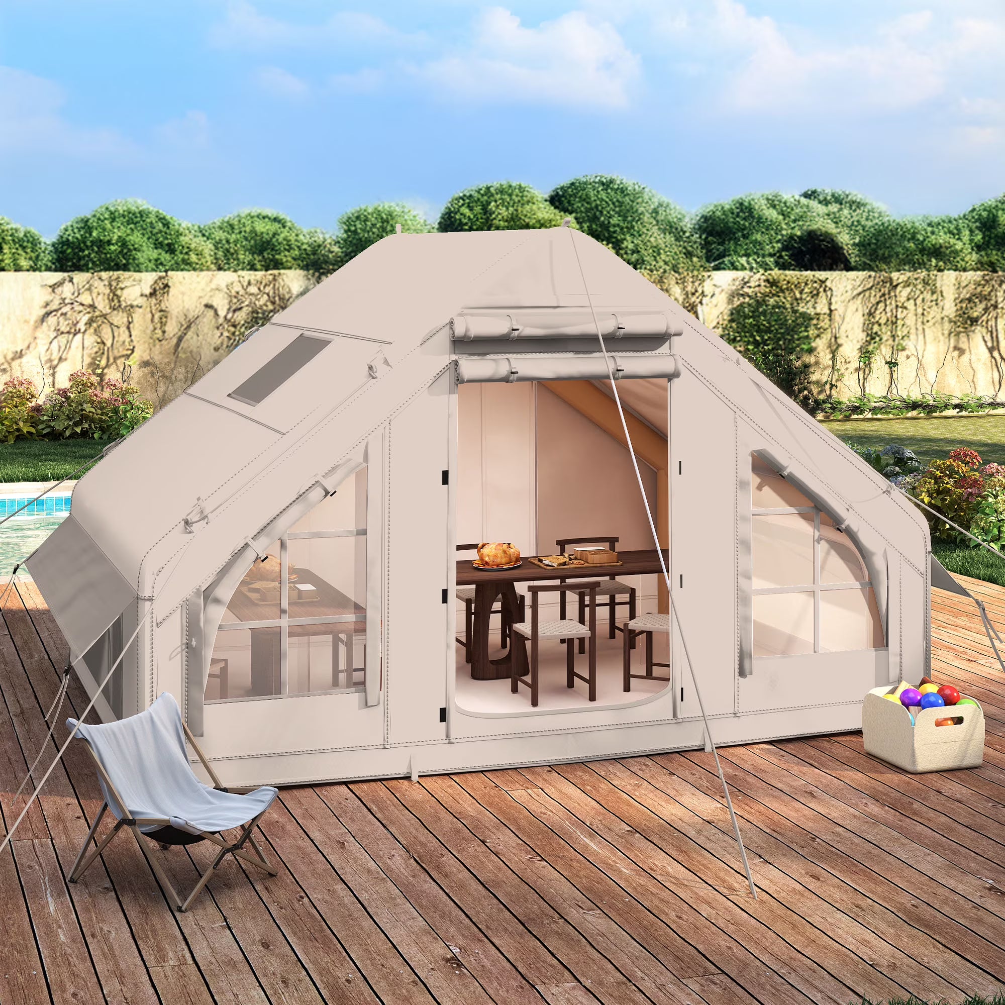 Inflatable Camping Tent with Pump, Glamping Tents, Easy Setup 4 Season Waterproof Windproof Outdoor Blow Up Tent, Suitable for 2-6 people