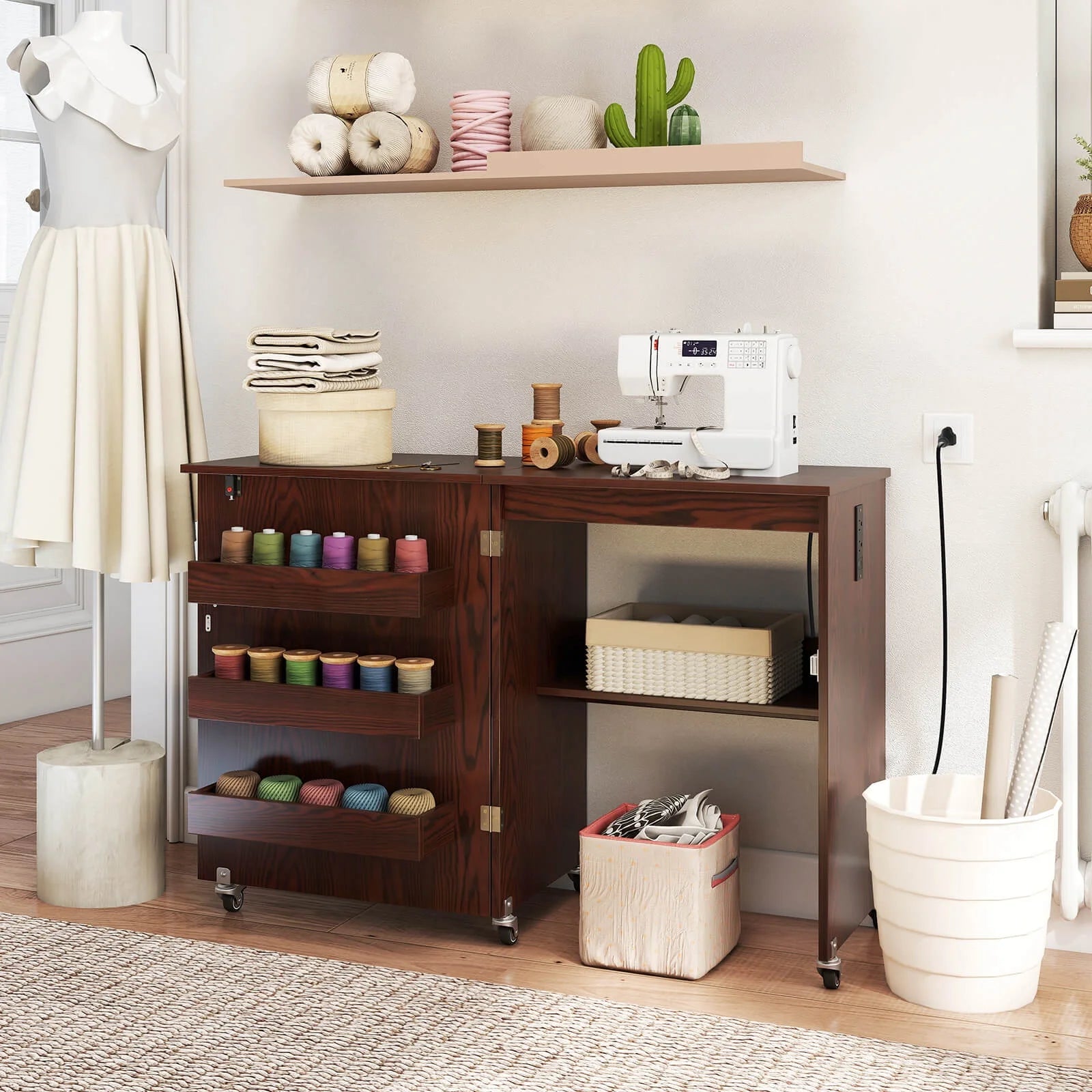 Costway Folding Sewing Table Rolling Craft Station with 3 Storage Bins & Charging Station White+natural