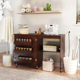 Costway Folding Sewing Table Rolling Craft Station with 3 Storage Bins & Charging Station White+natural