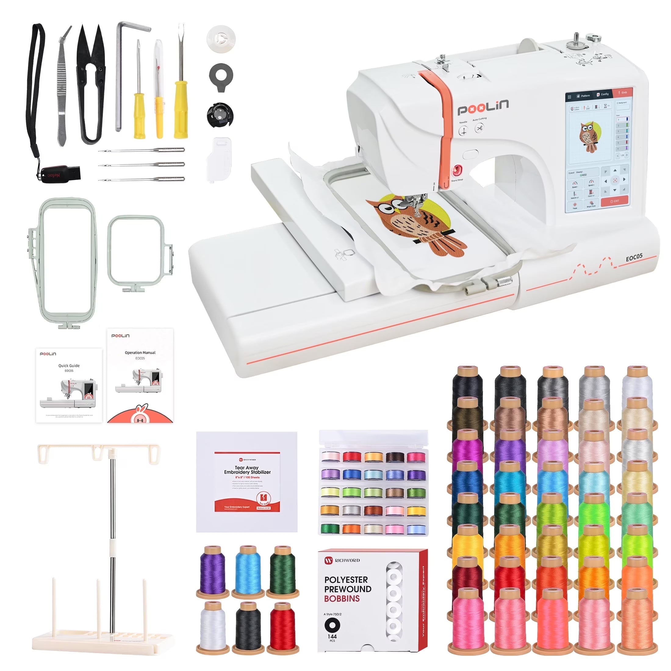 Poolin EOC05 Embroidery Machine 4x9.25" Area, 7" Touch Screen with kit