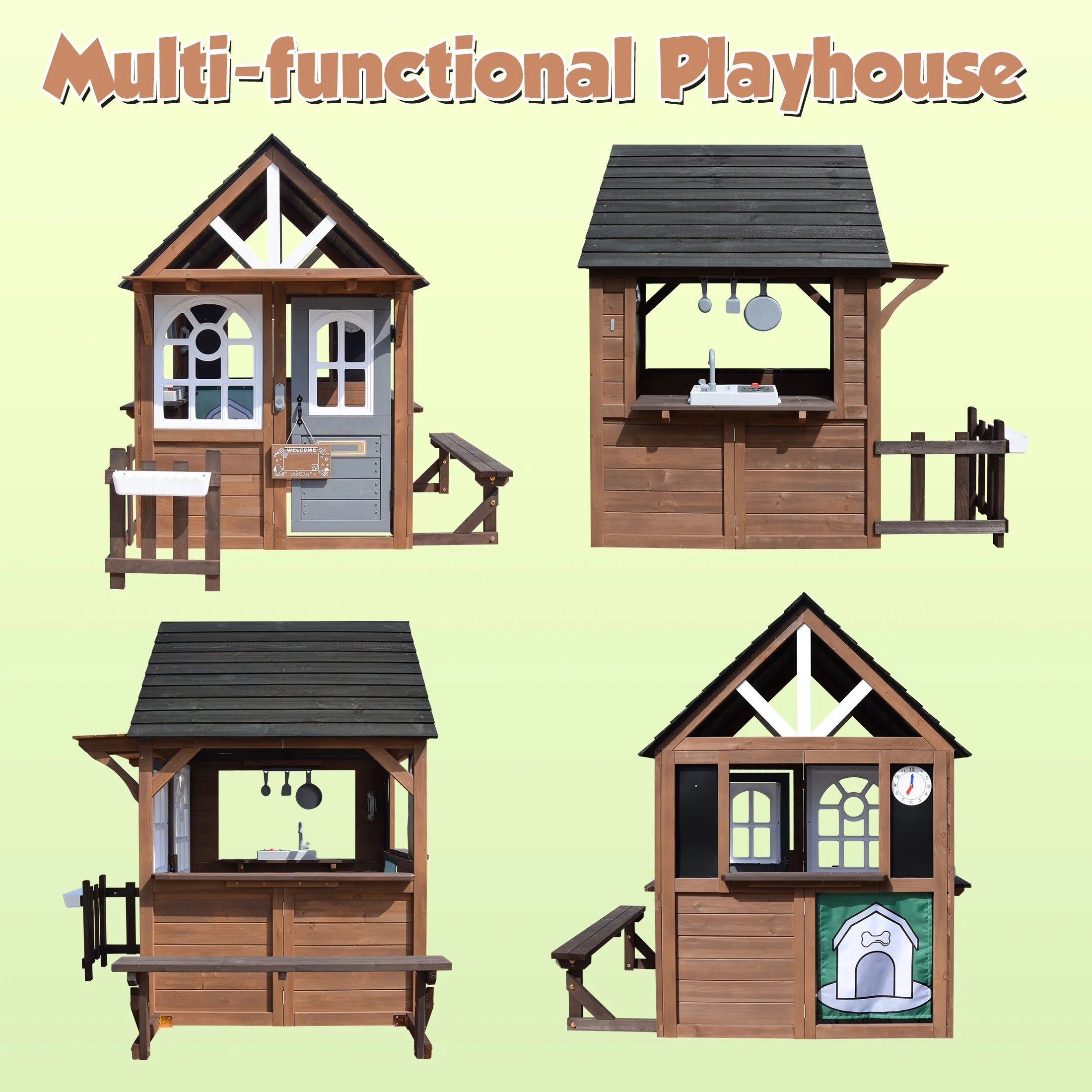 COCLUB Outdoor Playhouse, Wooden Playhouse for Kids Toddlers, Large Kids Playhouse with Bench/Fence/Kitchen/Door Nameplate/Pretend Phone, Girls Boys Outdoor Toy Gift for Ages 3+, (62.99"W* 67.32"L)