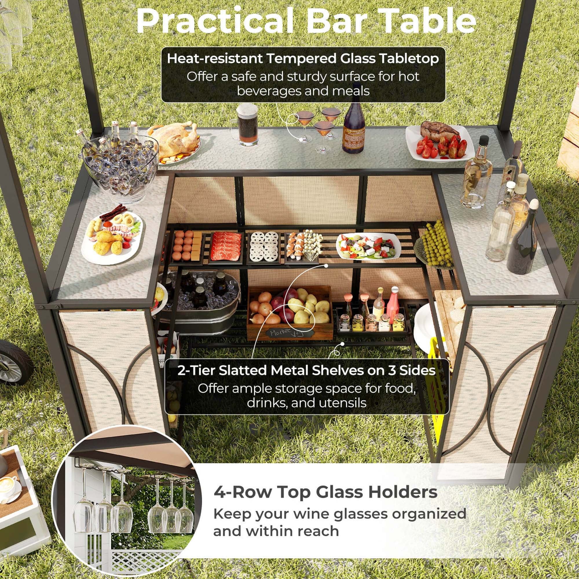 Costway 3 PCS Patio Bar Set with Tempered Glass Bar Table Metal Storage Shelves for Garden Grey