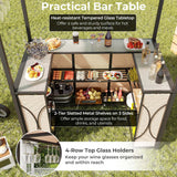 Costway 3 PCS Patio Bar Set with Tempered Glass Bar Table Metal Storage Shelves for Garden Grey