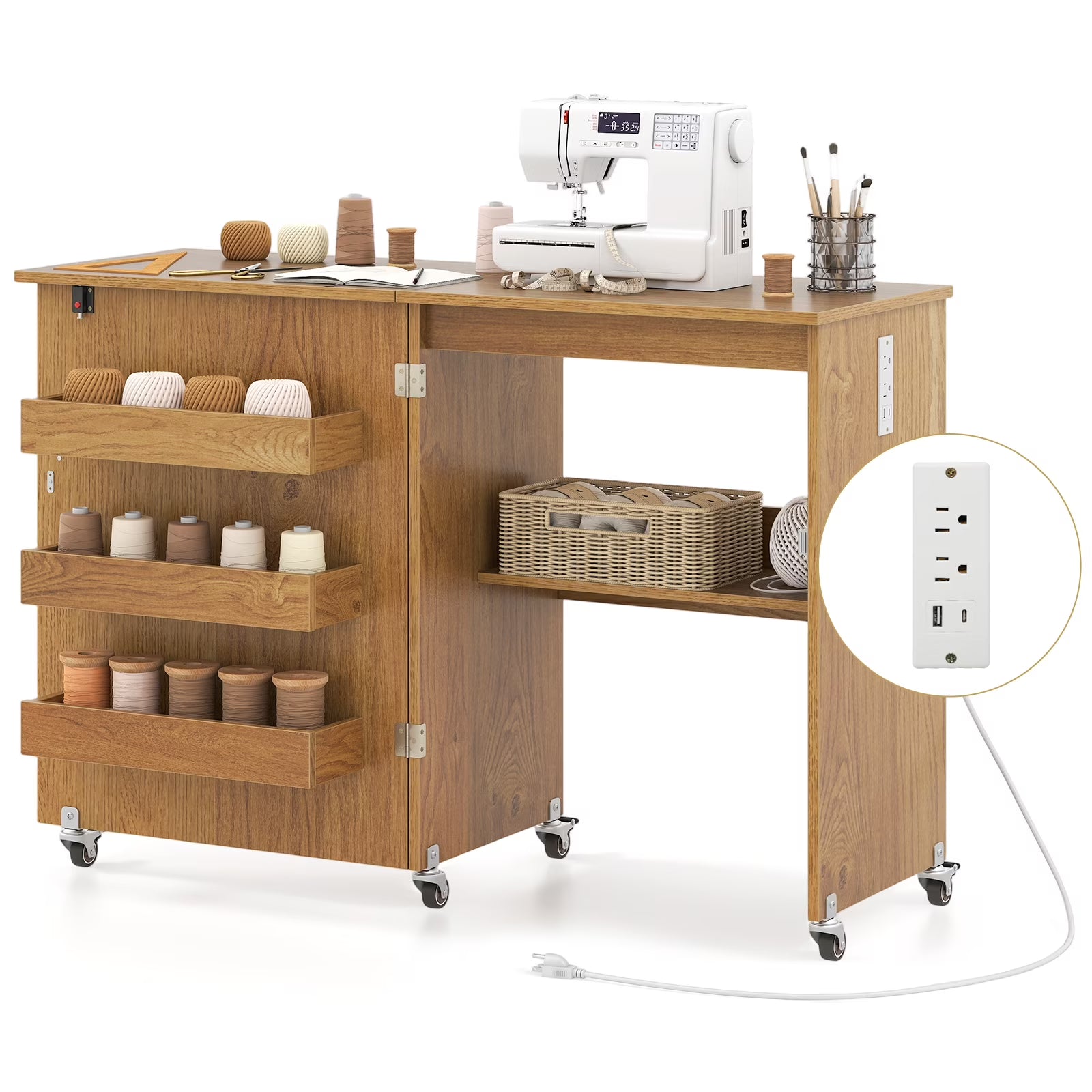 Costway Folding Sewing Table Rolling Craft Station with 3 Storage Bins & Charging Station White+natural