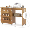 Costway Folding Sewing Table Rolling Craft Station with 3 Storage Bins & Charging Station White+natural