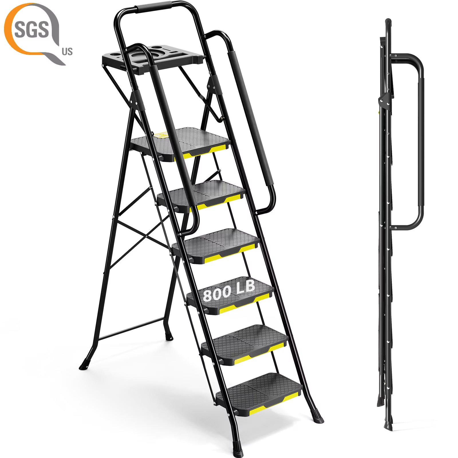 KK 6 Step Ladder, Metal Ladder with Tool Platform&Handrails, 800 lbs Capacity, Black