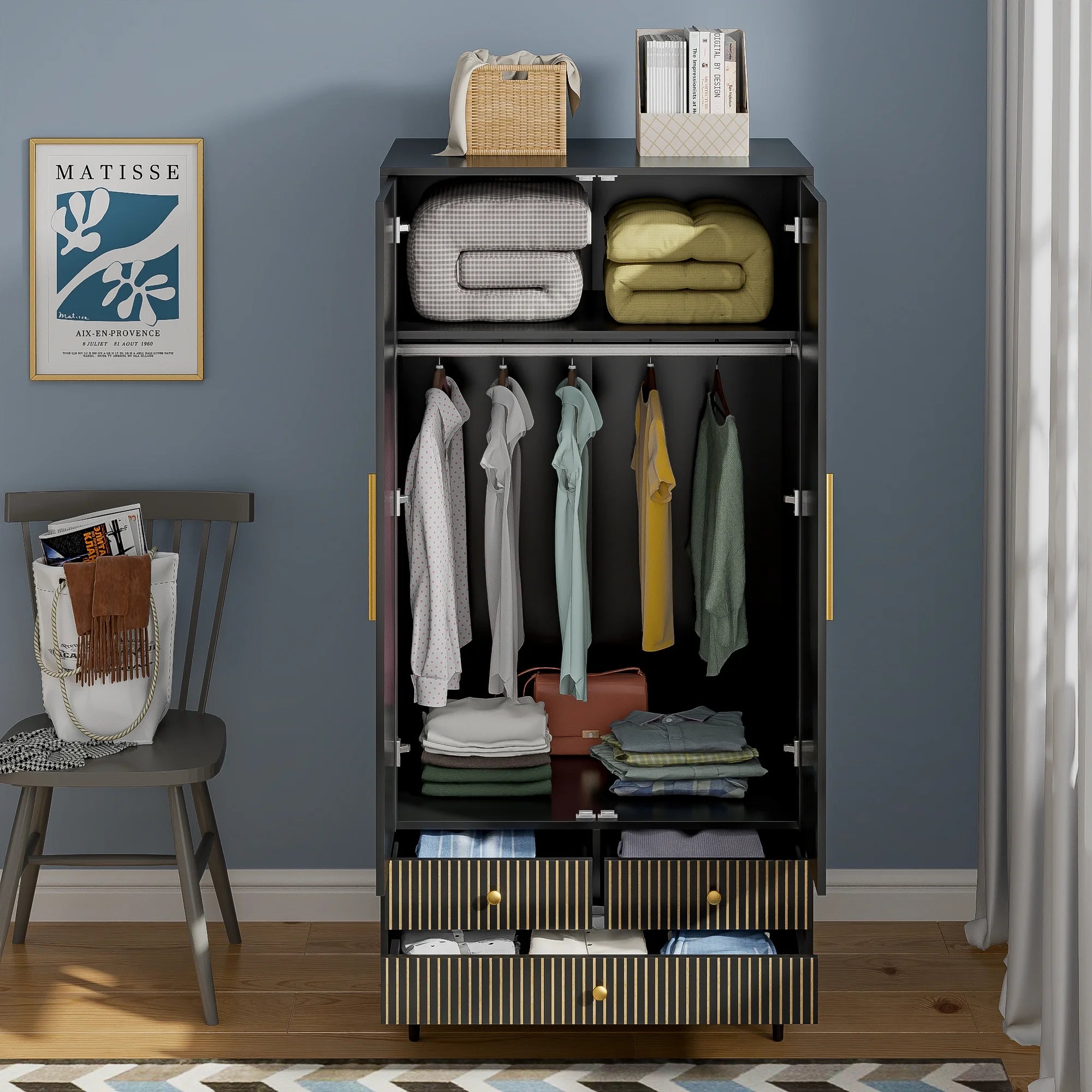 Armoire Wardrobe Closet, Closet Wardrobe Cabinet with Drawers and Hanging Rail for Bedroom, White