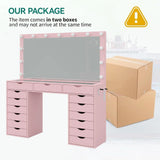 Yanosaku 15 Drawers Vanity Desk with Power Outlet, Makeup Table with Mirror and 13 LED Lights, 3 Color Lighting Modes, Brightness Adjustable, Glass Top Dressing Table, Vanity Set for Bedroom