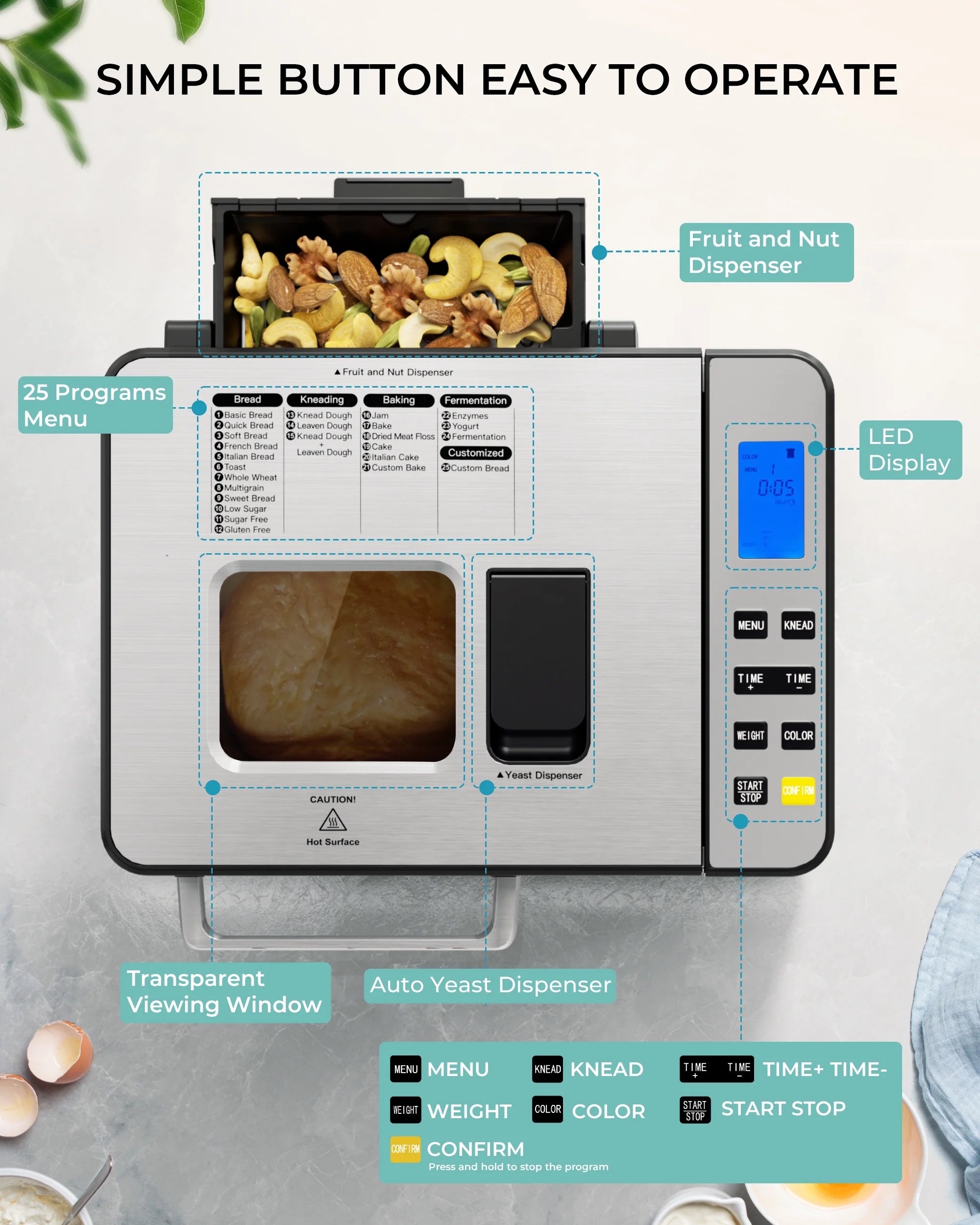 Simzlife 25-in-1 Bread Maker Machine, 2LB Capacity for Dough & Bread with Automatic Fruit and Nut Dispenser, Stainless Steel Construction