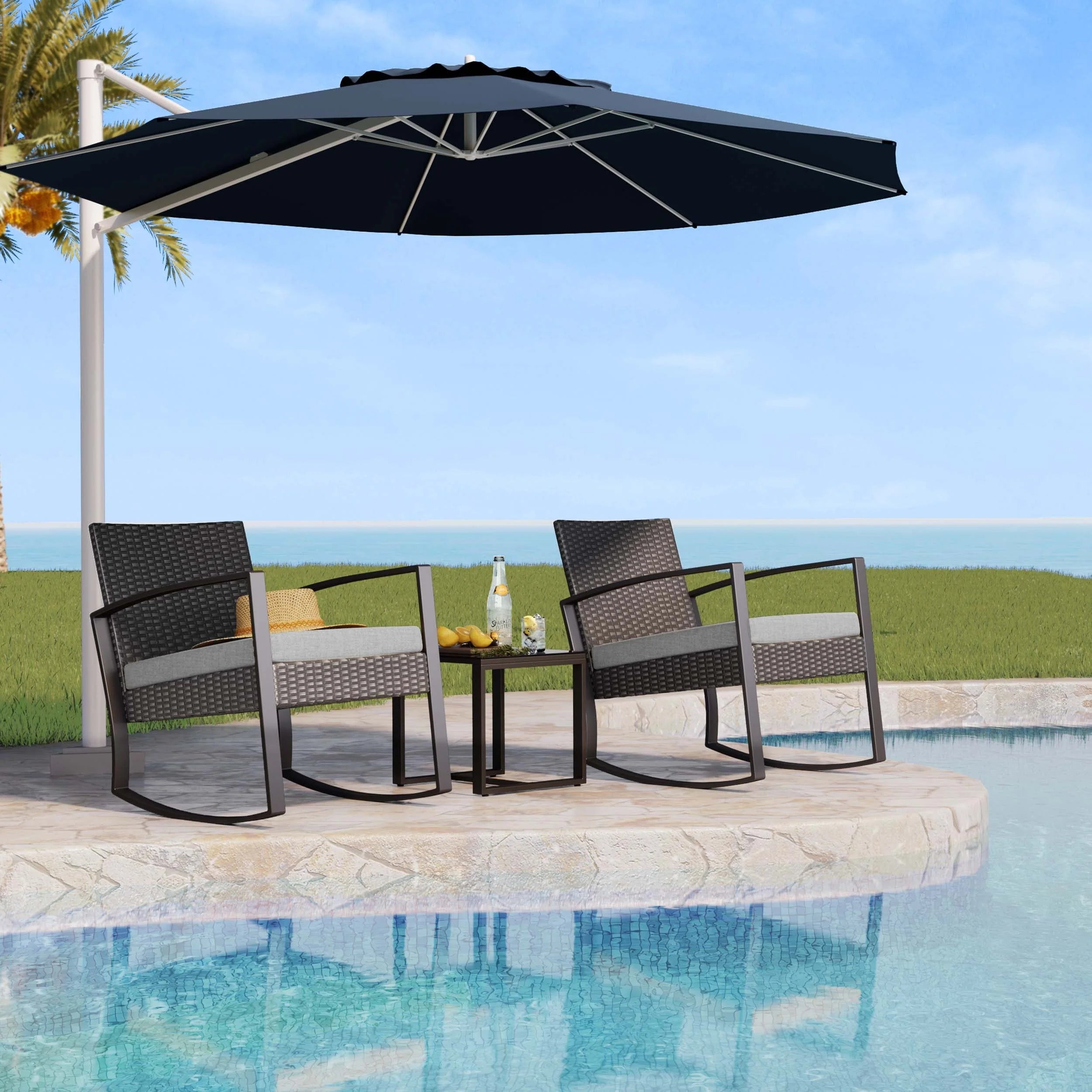 3 Pieces Wicker Patio Set Outdoor Chair Set with Glass Table Rattan Chair Modern Bistro Set for Porches and Patios, Grey Cushion