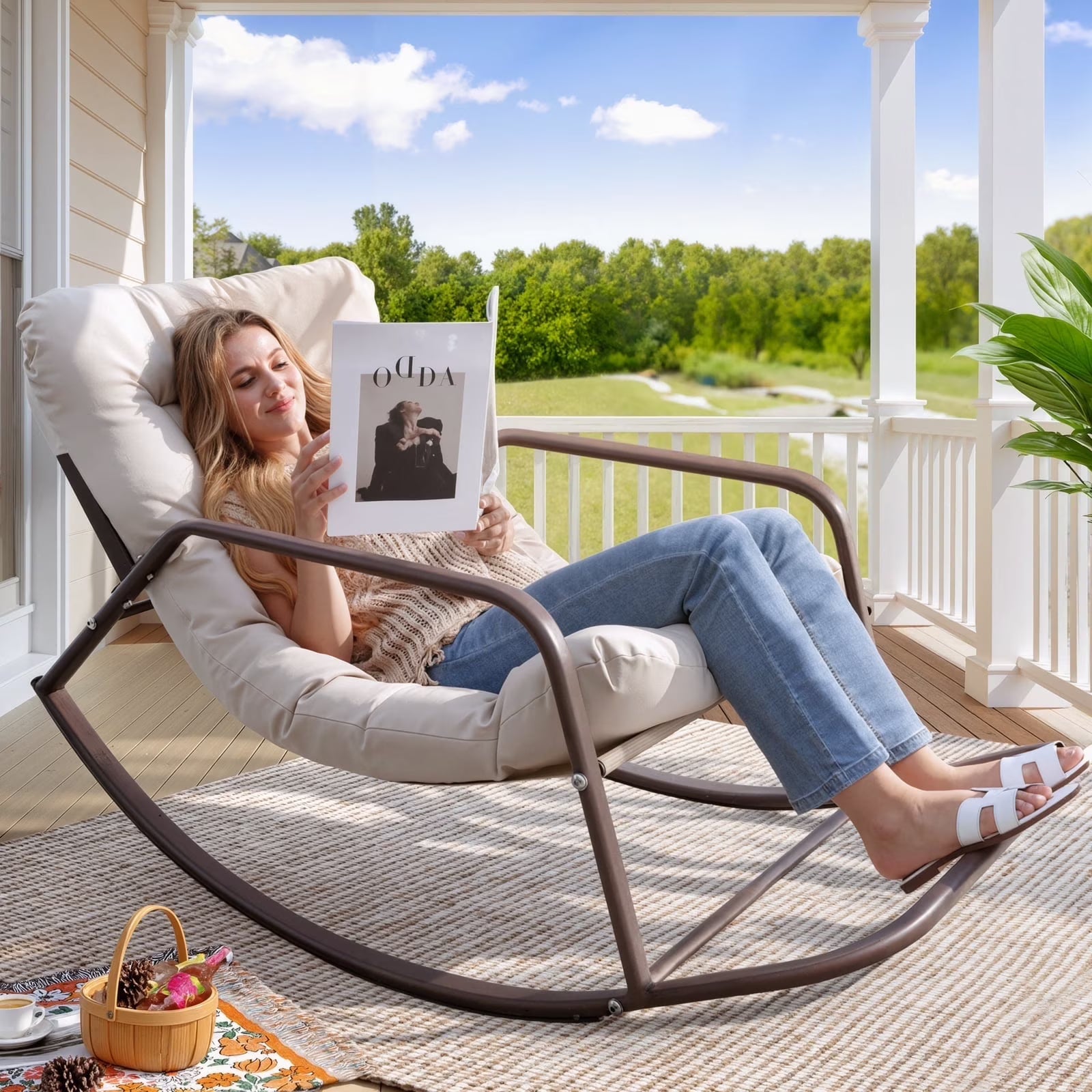 Oversized Rocking Chair with Footrest, Patio Papasan Rocking Recliner for Indoor Outdoor Use, Heavy Duty Wicker Lounge Chair, 450lbs, Beige