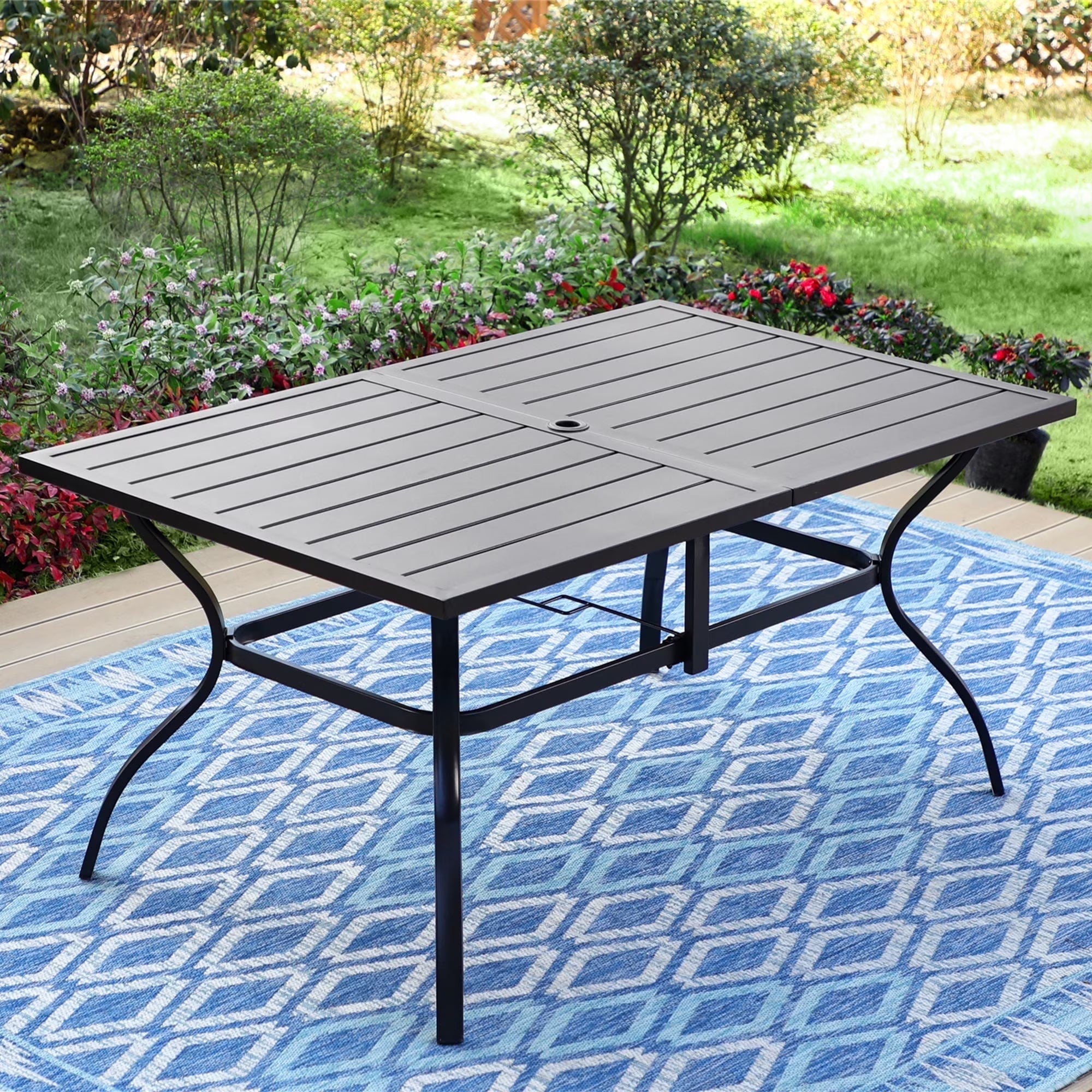 6-Person Outdoor Rectangular Metal Dining Table with Umbrella Hole, All-Weather Resistance Patio Table, Black