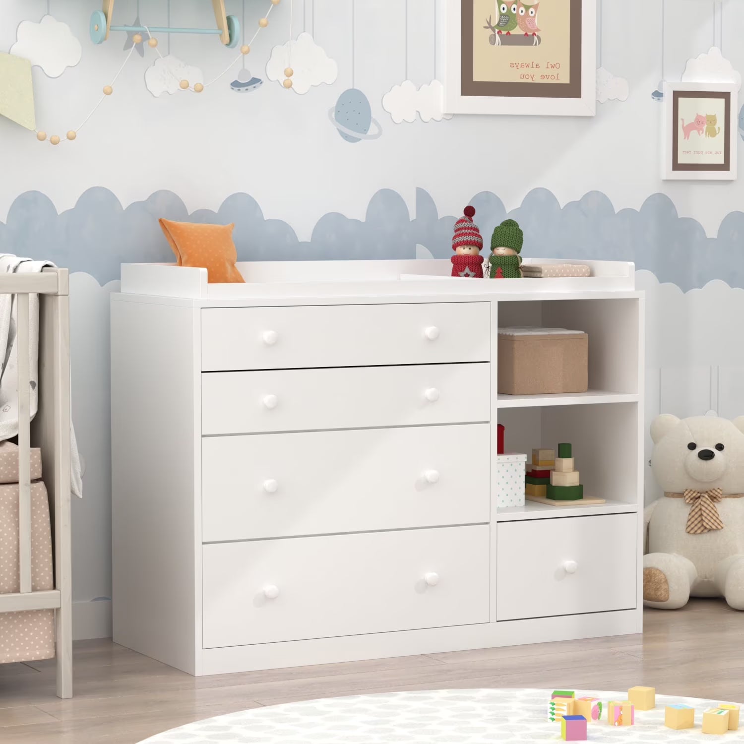 OXYLIFE 45" Baby Nursery Changing Table Dresser with 4 Drawers and Shelf for Nursery Room, White