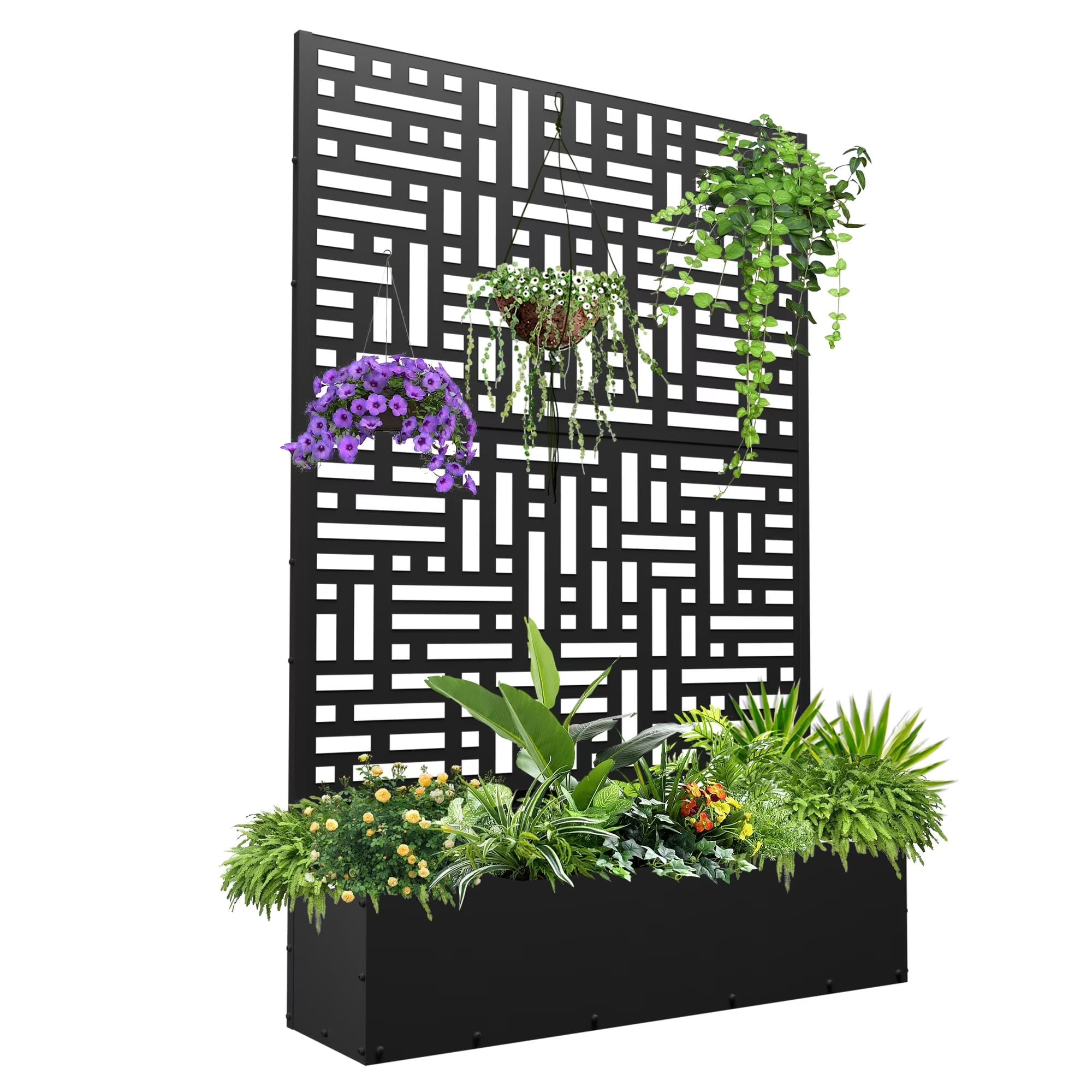 71'' H Metal Planter with Trellis, Outdoor Raised Garden Bed for Climbing Plants, Trellis Planter Box with Drainage Hole, Black
