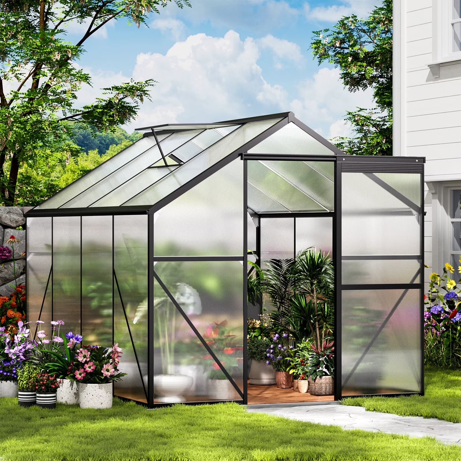 8x6 FT Greenhouse with Lockable Hinged Door Vent Window, Polycarbonate Walk-in Winter Greenhouse Sunroom, Black