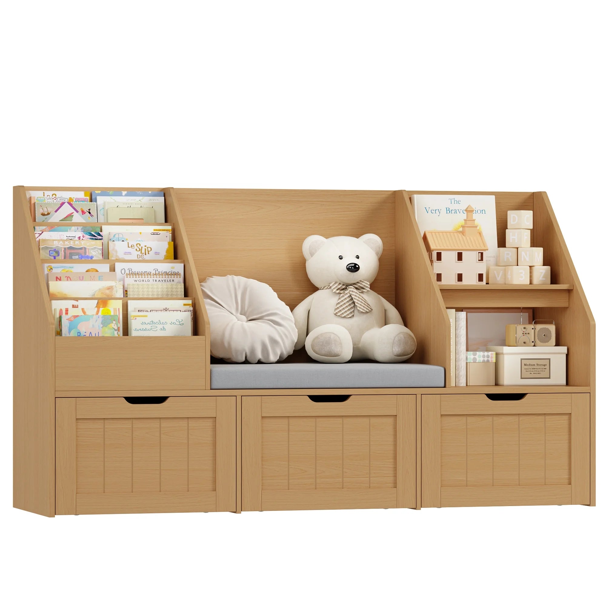 Homfa Kids Bookshelf with Reading Nook & 3 Movable Drawers, 2 Cube Bookcase with 4-Tier Book Racks, Toy Storage Organizer for Playroom Bedroom, White