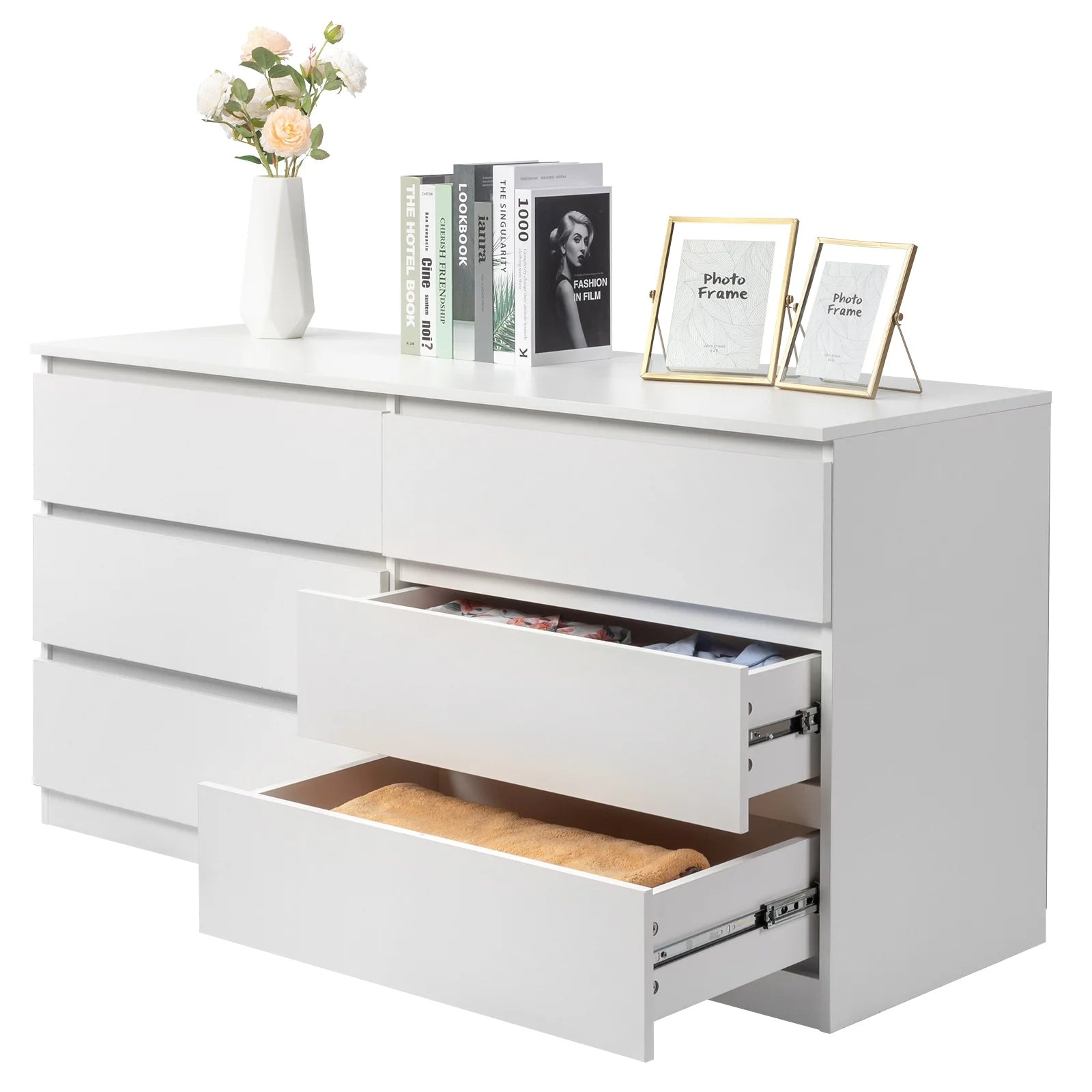 Ktaxon 6 Drawer Double Dresser Wood Dresser Storage Cabinet Drawer Organizer Chest Of Drawers, White