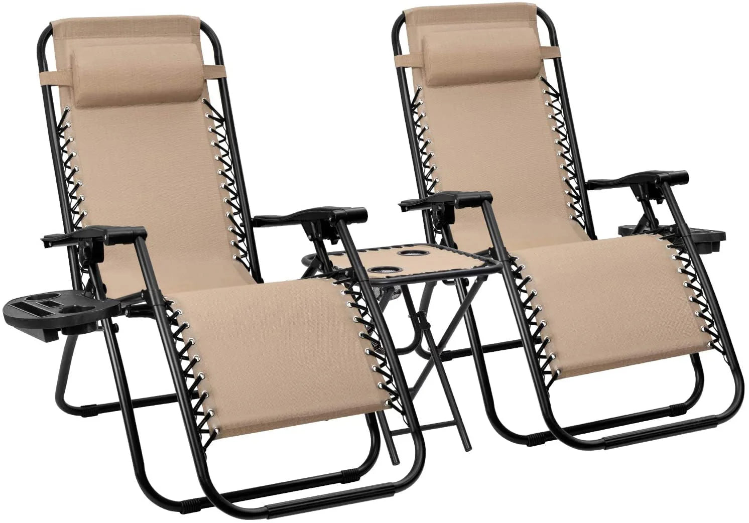 Vineego 3 Pieces Zero Gravity Chair Patio Foldable Chaise Lounge Chairs 2 Beach Chairs and Table with Cup Holders,Beige