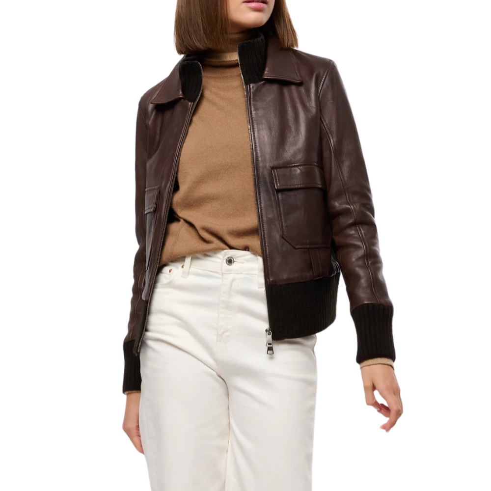 Womens Real Aviator Brown Leather Bomber Jacket
