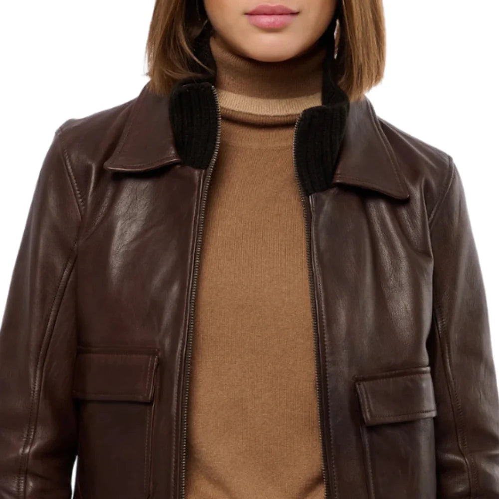 Womens Real Aviator Brown Leather Bomber Jacket