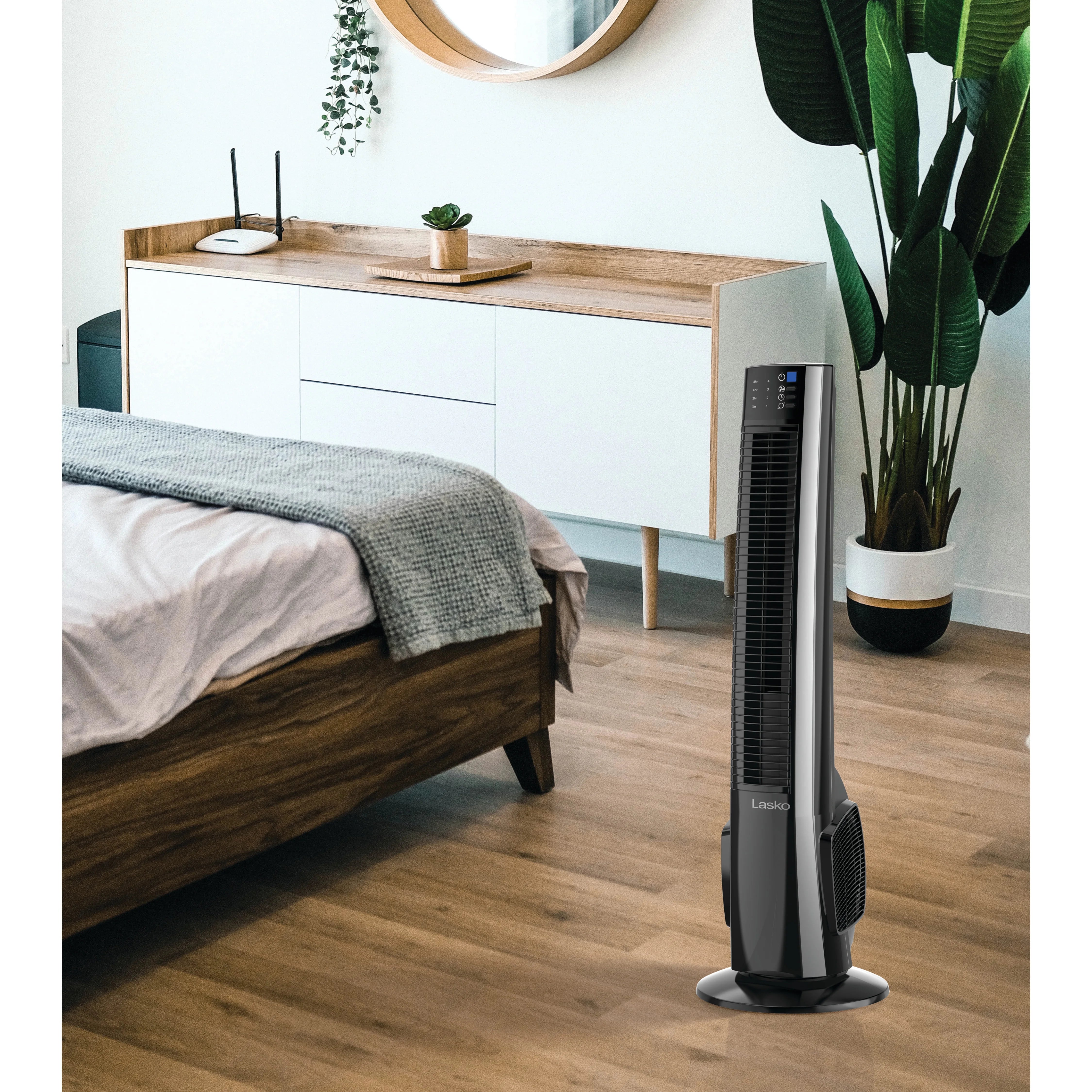 Lasko 38" 4-Speed Hybrid Oscillating Remote Controlled Tower Fan. Black, T38415