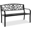 Outdoor Steel Bench Garden Patio Porch Furniture w/ Floral Design Backrest - Black