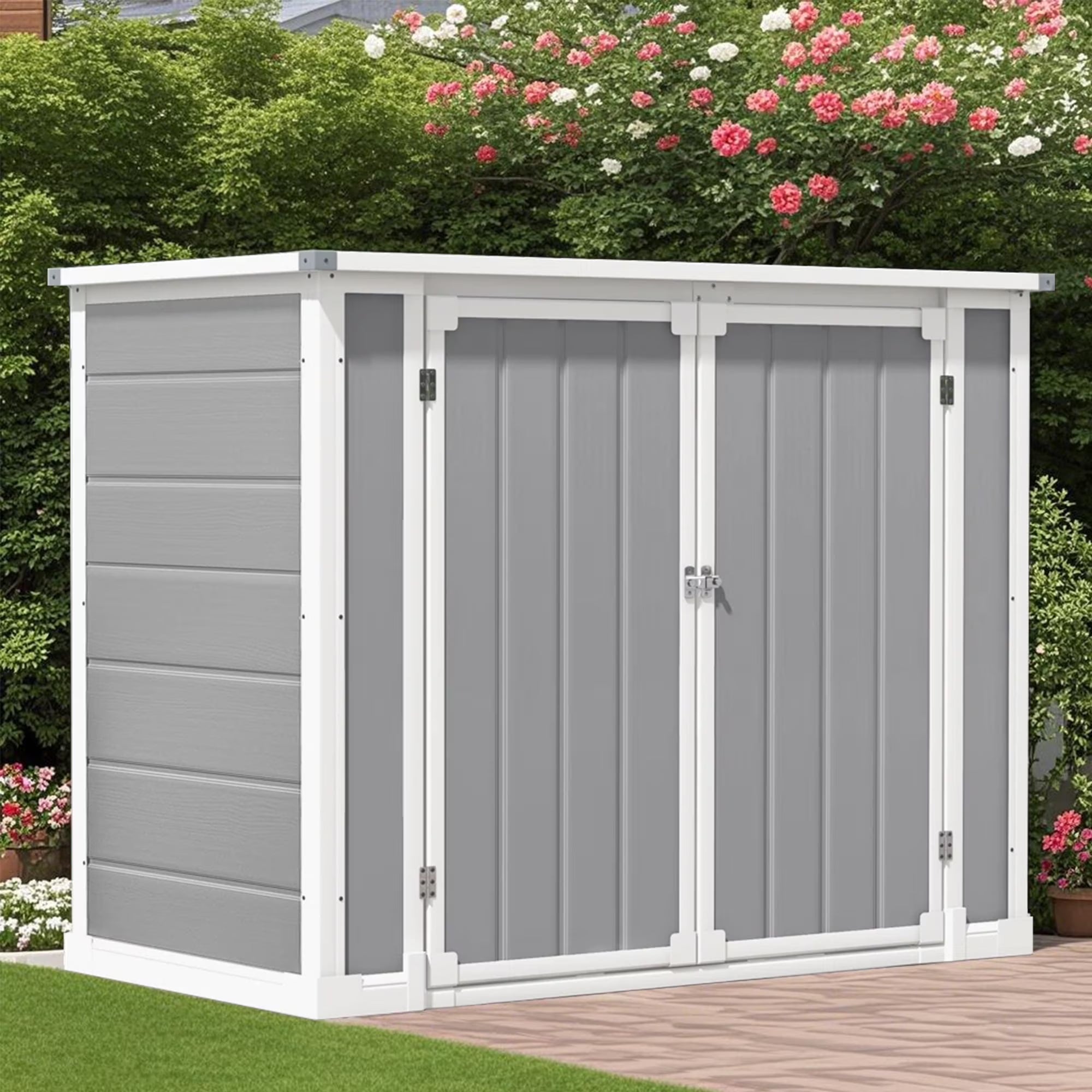 Shed and Outdoor Storage, 41 Cu.Ft Small Outdoor Resin Shed with 3 Doors & Floor, 306GAL Deck Box Waterproof Plastic Tool Storage Shed for Cushion Lawn Mower Garbage Cans