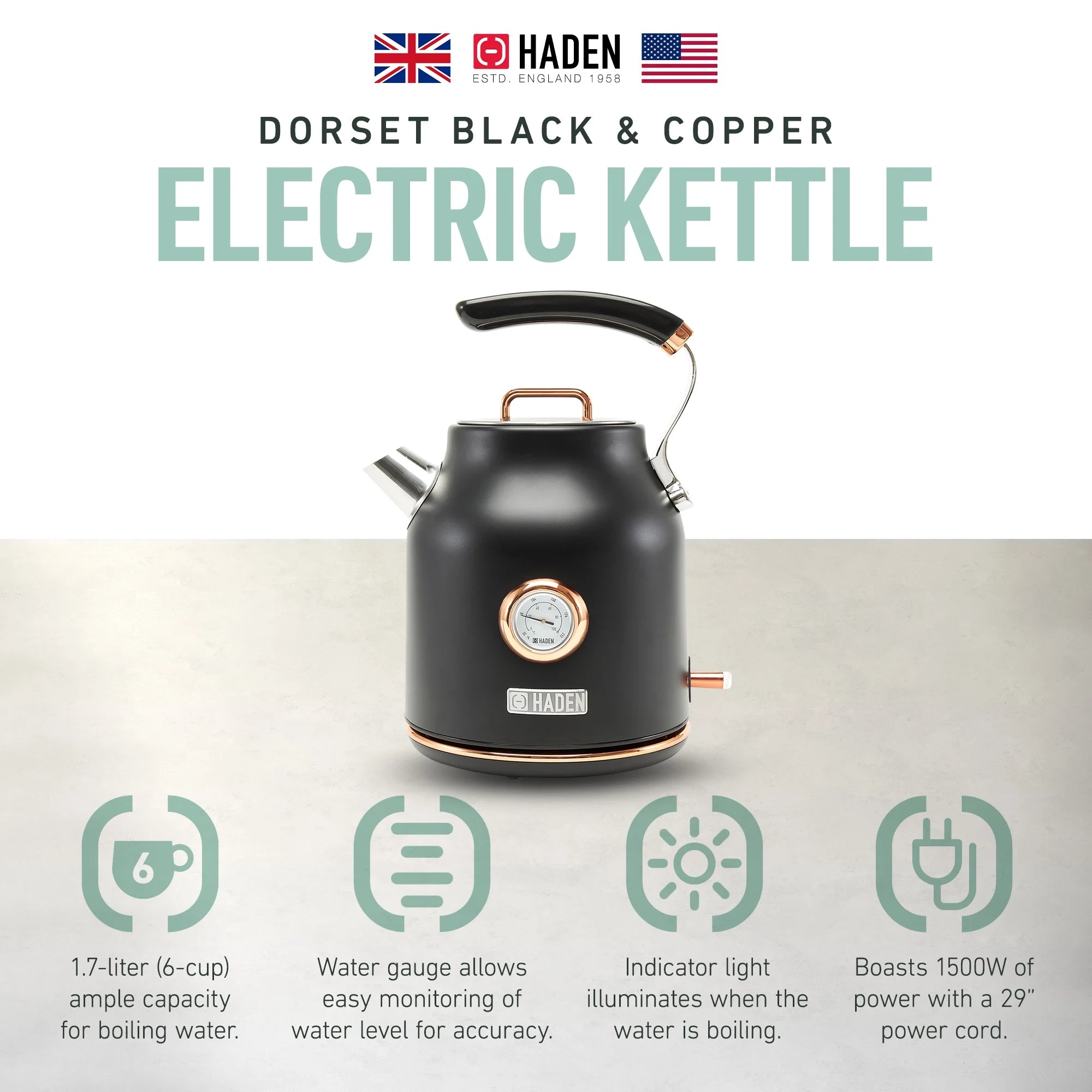 Haden Dorset 1.7 Liter Electric Water Kettle with Base, Putty & Chrome