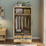 Armoire Wardrobe Closet with 2 Doors, Wardrobe Cabinet with Hanging Rod and Drawers, Wooden Closet for Bedroom, White