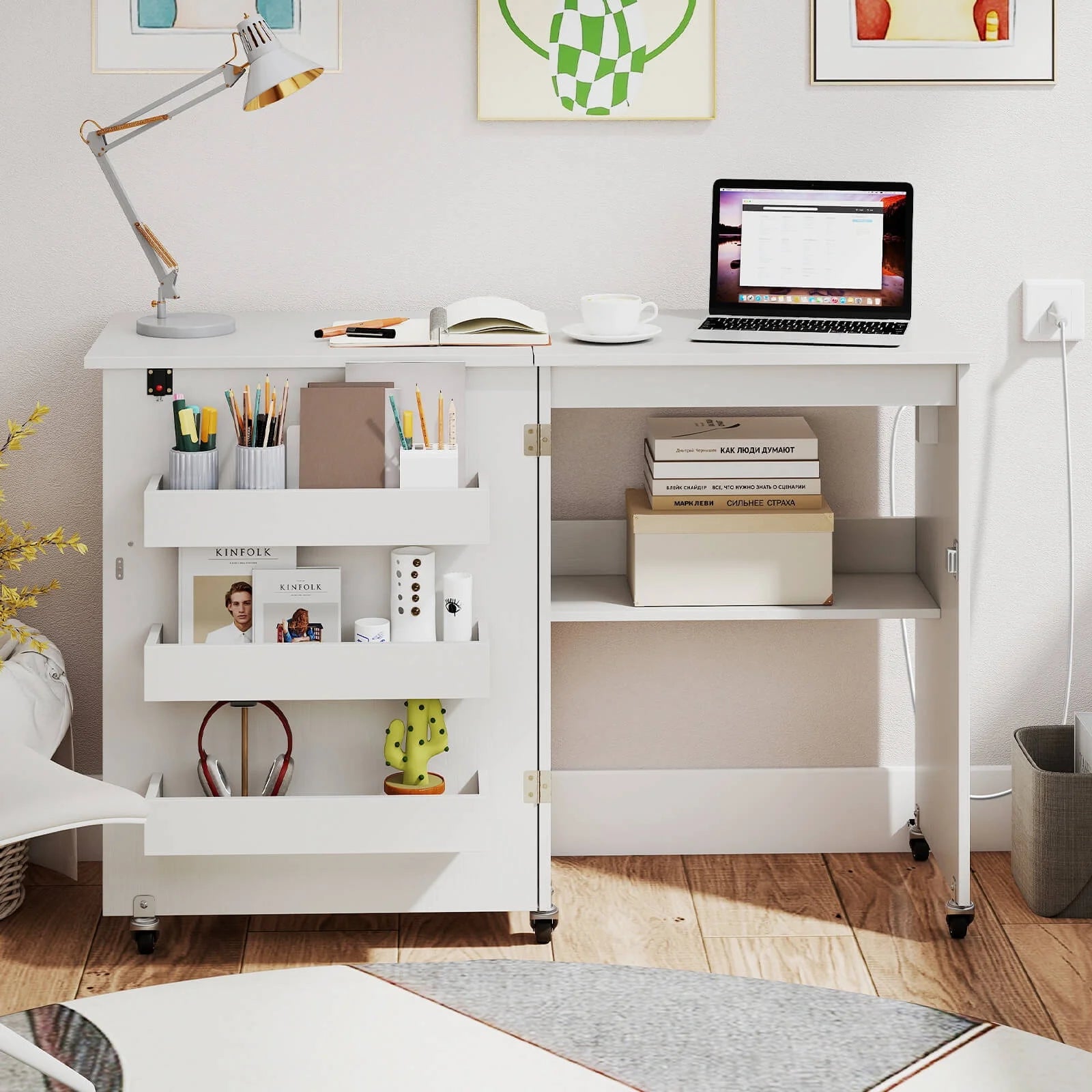 Costway Folding Sewing Table Rolling Craft Station with 3 Storage Bins & Charging Station White+natural