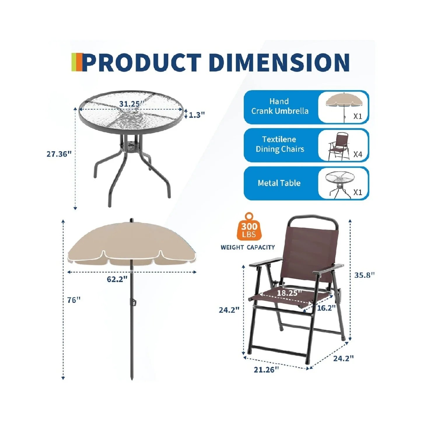 6 Pieces Outdoor Dining Set With Umbrella, Patio Table and 4 Folding Chairs With Umbrella, Garden Patio Furniture Set With Umbrellas, Tempered Glass Top Dining Table
