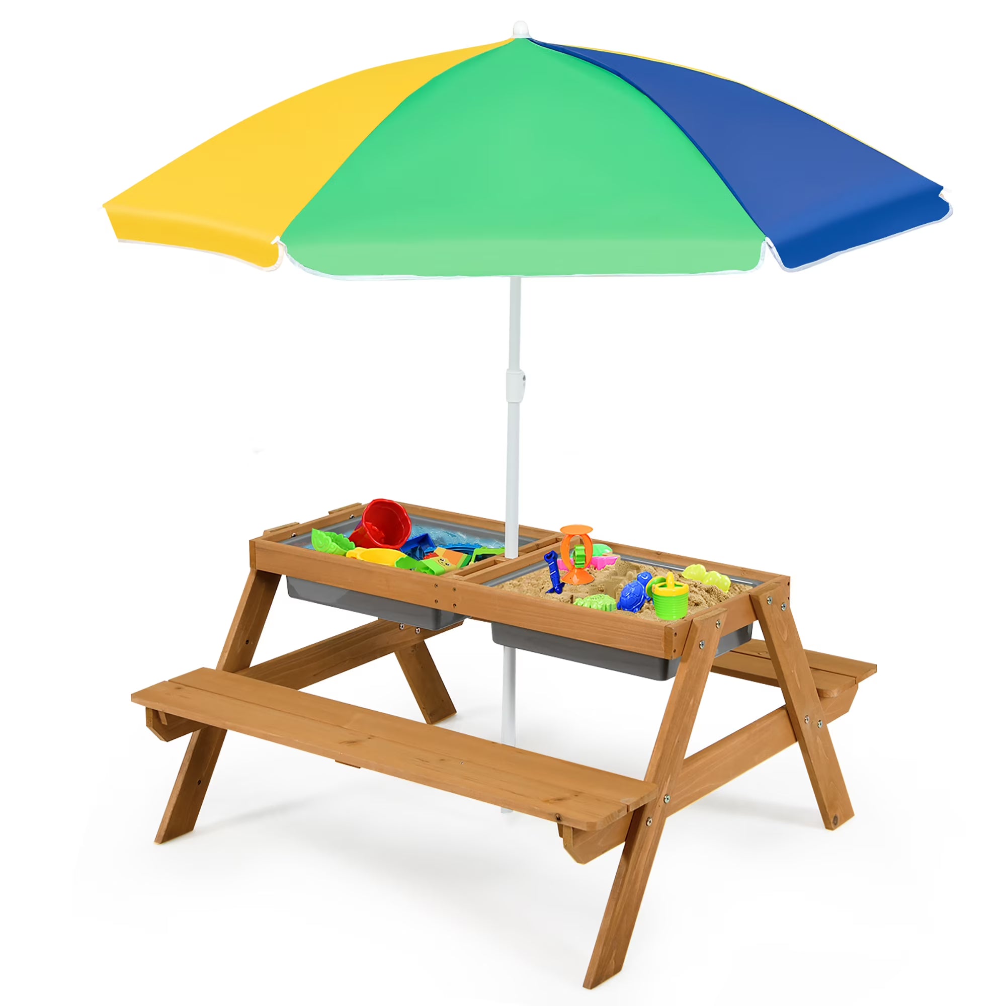 3-in-1 Kids Picnic Table Wooden Outdoor Sand & Water Table with Umbrella Play Boxes Green
