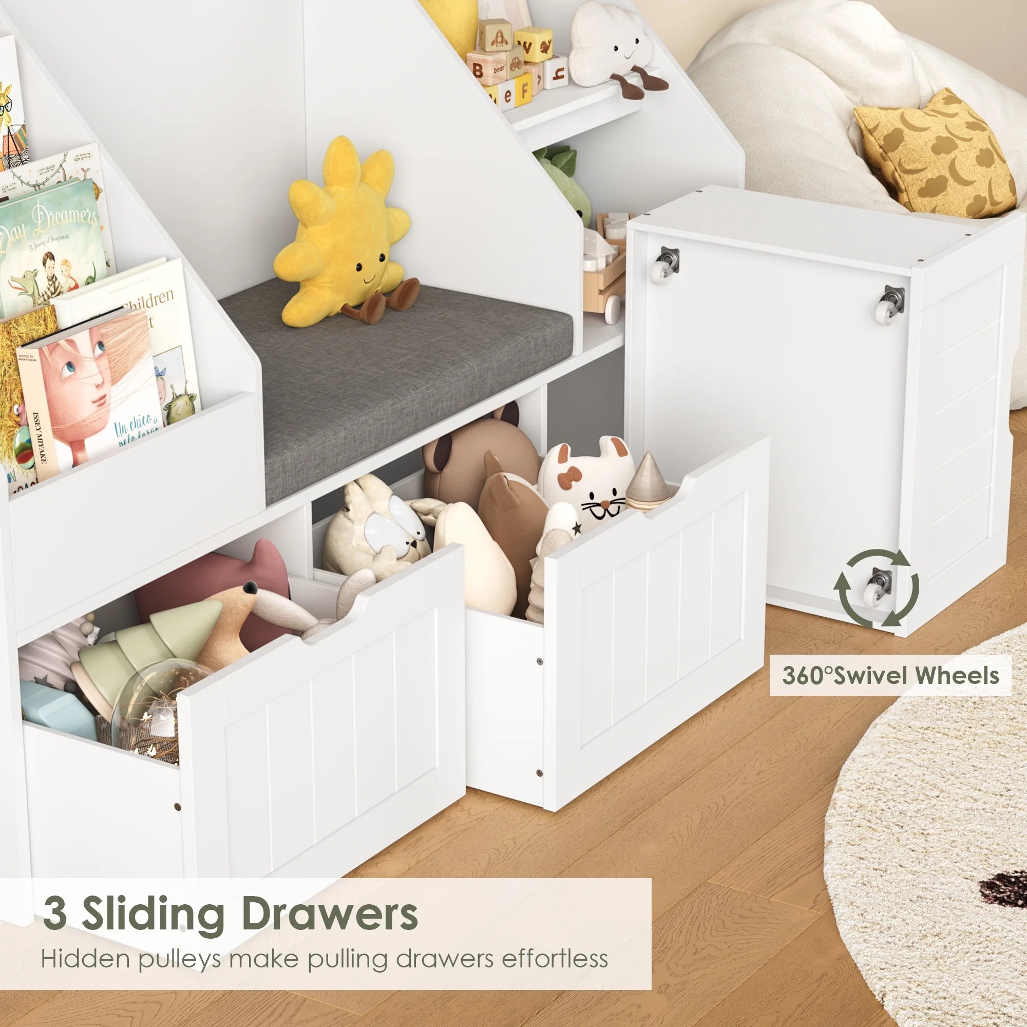 Homfa Kids Bookshelf with Reading Nook & 3 Movable Drawers, 2 Cube Bookcase with 4-Tier Book Racks, Toy Storage Organizer for Playroom Bedroom, White