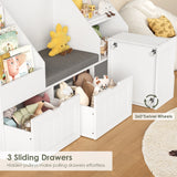Homfa Kids Bookshelf with Reading Nook & 3 Movable Drawers, 2 Cube Bookcase with 4-Tier Book Racks, Toy Storage Organizer for Playroom Bedroom, White
