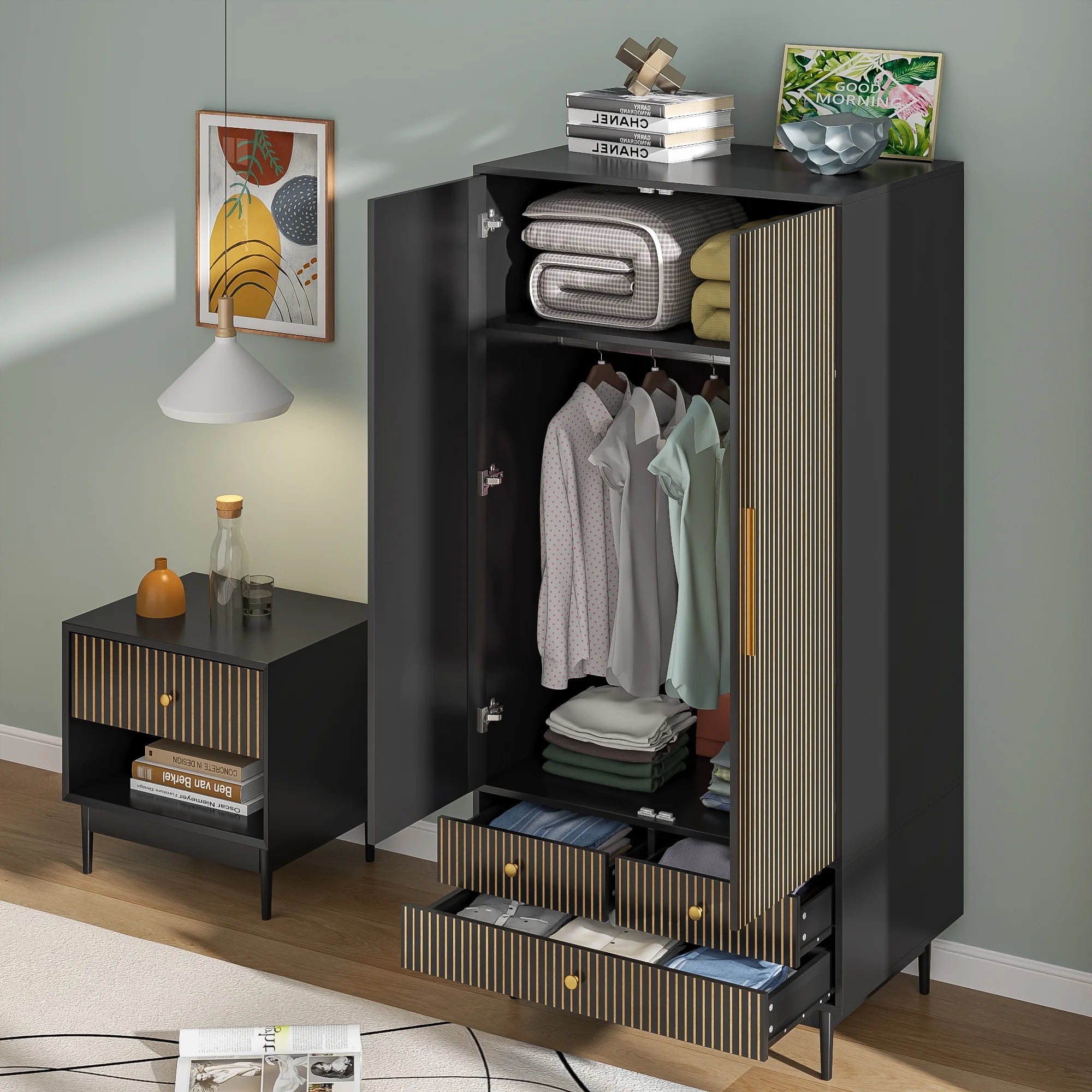 Armoire Wardrobe Closet with 2 Doors, Wardrobe Cabinet with Hanging Rod and Drawers, Wooden Closet for Bedroom, White