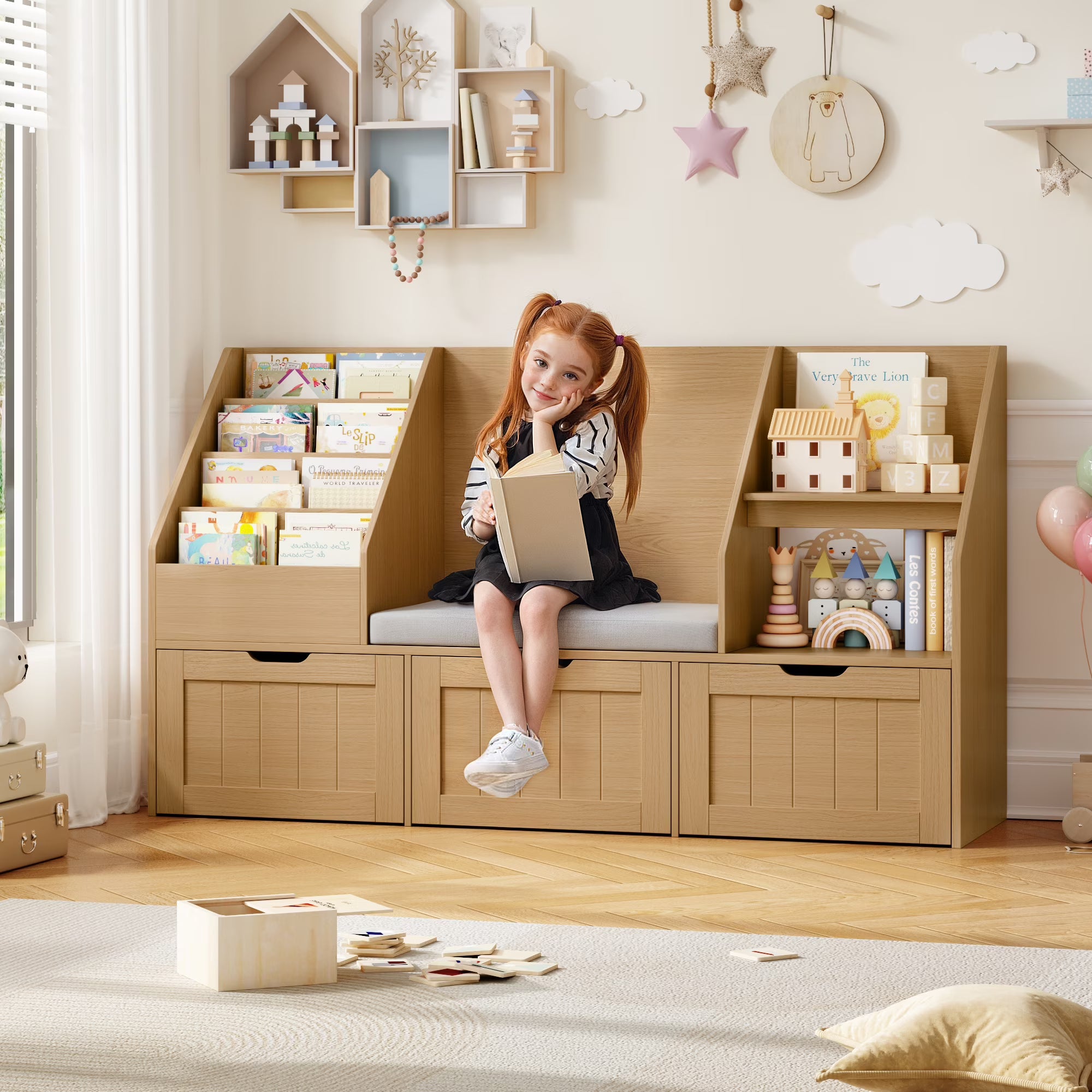 Homfa Kids Bookshelf with Reading Nook & 3 Movable Drawers, 2 Cube Bookcase with 4-Tier Book Racks, Toy Storage Organizer for Playroom Bedroom, White