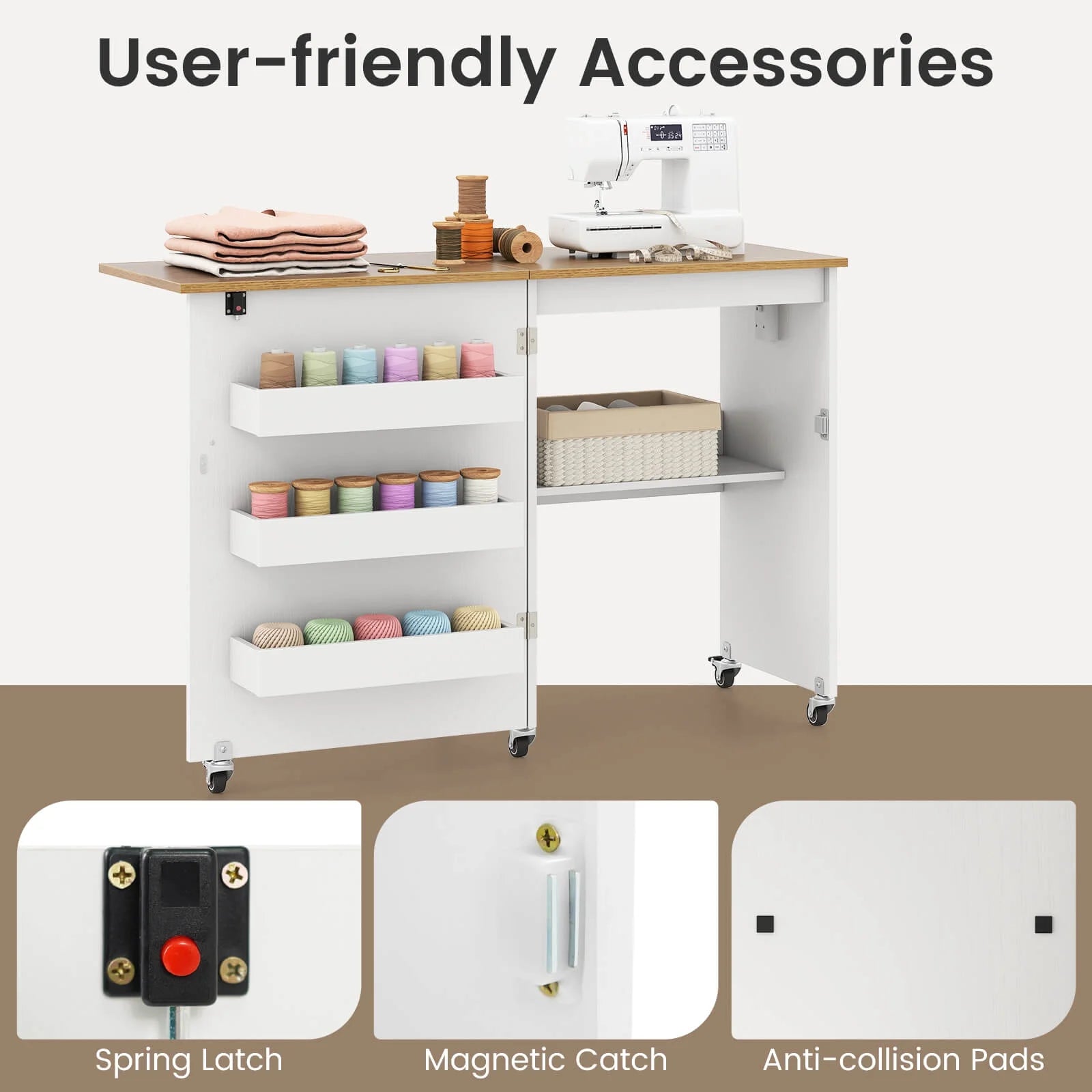 Costway Folding Sewing Table Rolling Craft Station with 3 Storage Bins & Charging Station White+natural