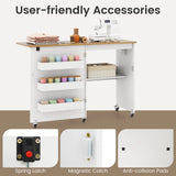 Costway Folding Sewing Table Rolling Craft Station with 3 Storage Bins & Charging Station White+natural