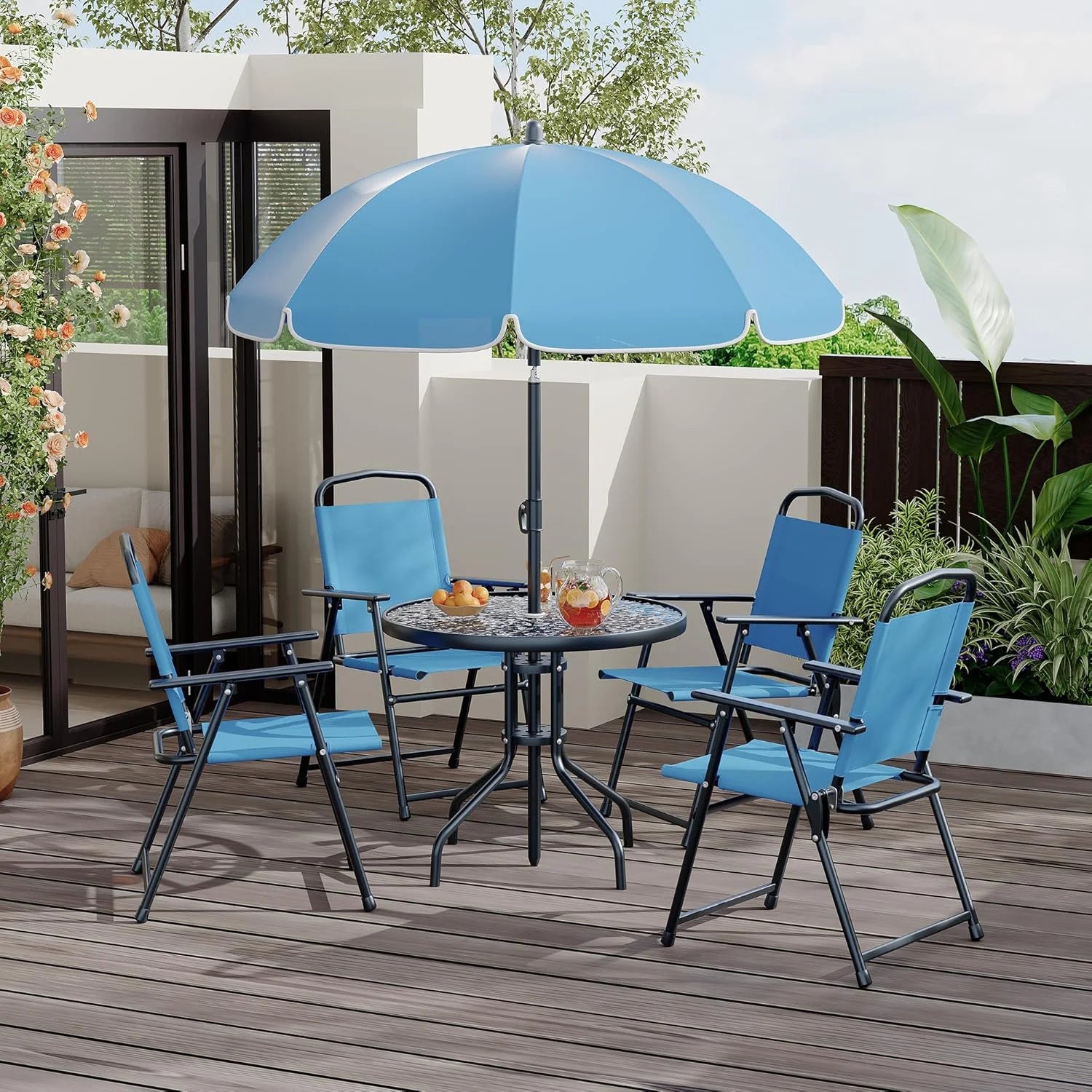 6 Pieces Outdoor Dining Set With Umbrella, Patio Table and 4 Folding Chairs With Umbrella, Garden Patio Furniture Set With Umbrellas, Tempered Glass Top Dining Table