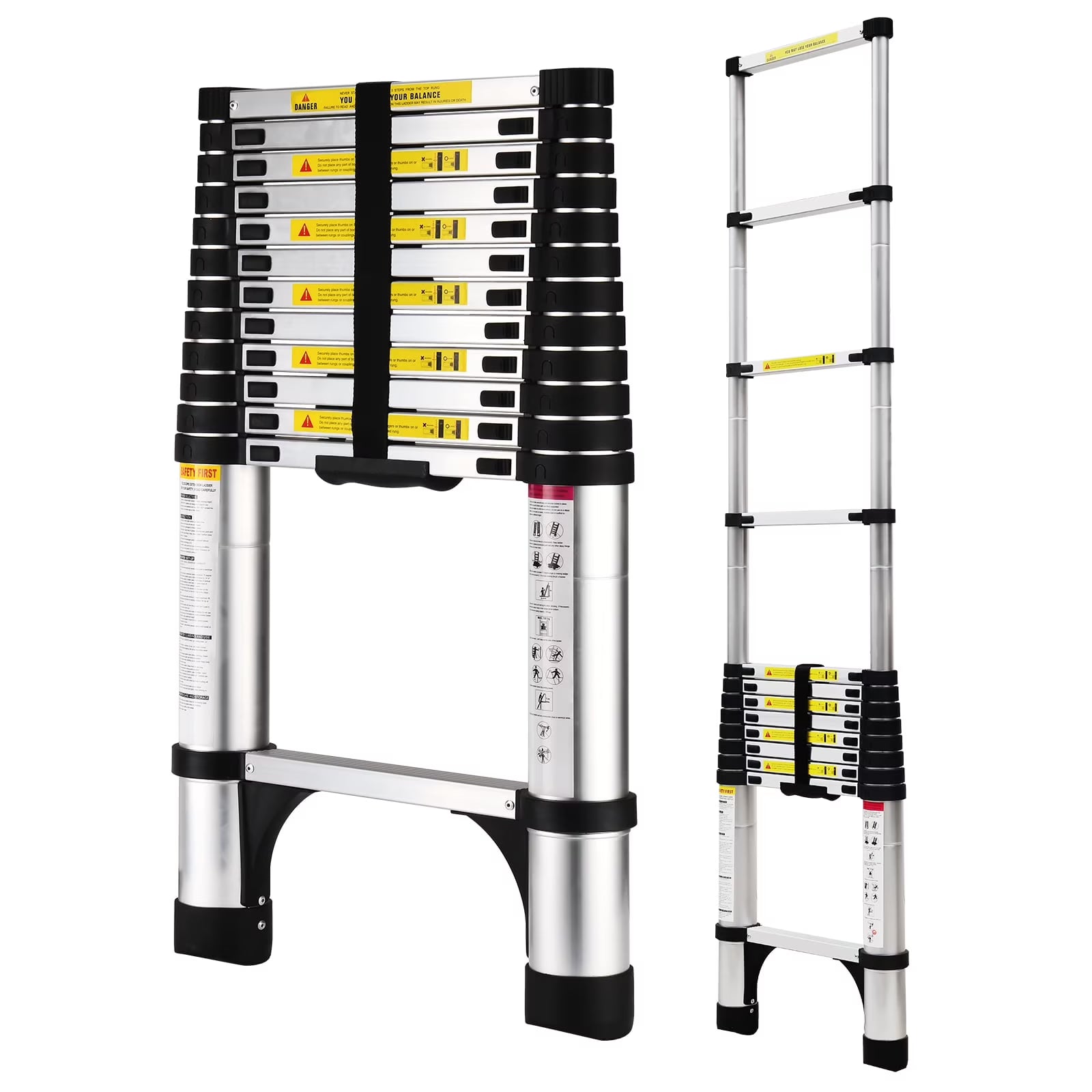 12.5 FT Telescoping Ladder, Aluminum Lightweight Extension Ladder with 2 Triangle Stabilizers, Heavy Duty 330lbs Max Capacity, Multi-Purpose Collapsible Ladder for RV or Outdoor Work